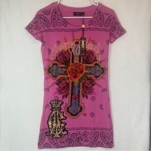 Ed Hardy Christian Audigier Tank Top Womens L Beaded Cross Flowers